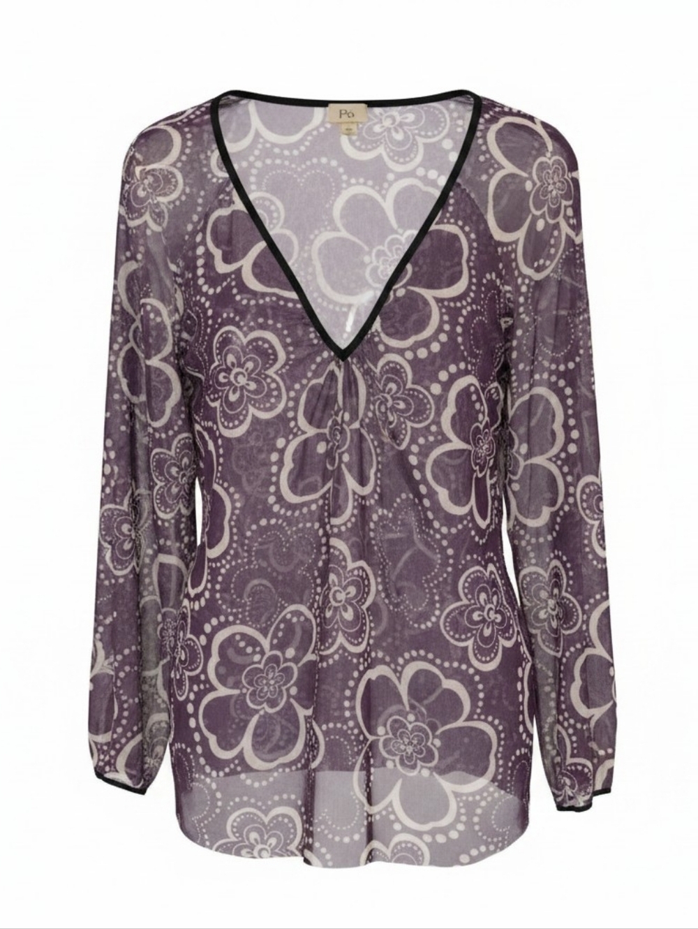 PO-EM Black And White Floral V-Neck Long Sleeve Tee Lightweight Large - Picture 5 of 5